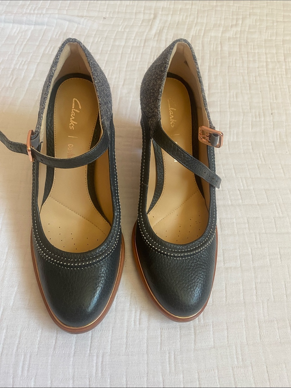 CLARKS Charcoal Gray Mary Jane Heels with Brown Trim